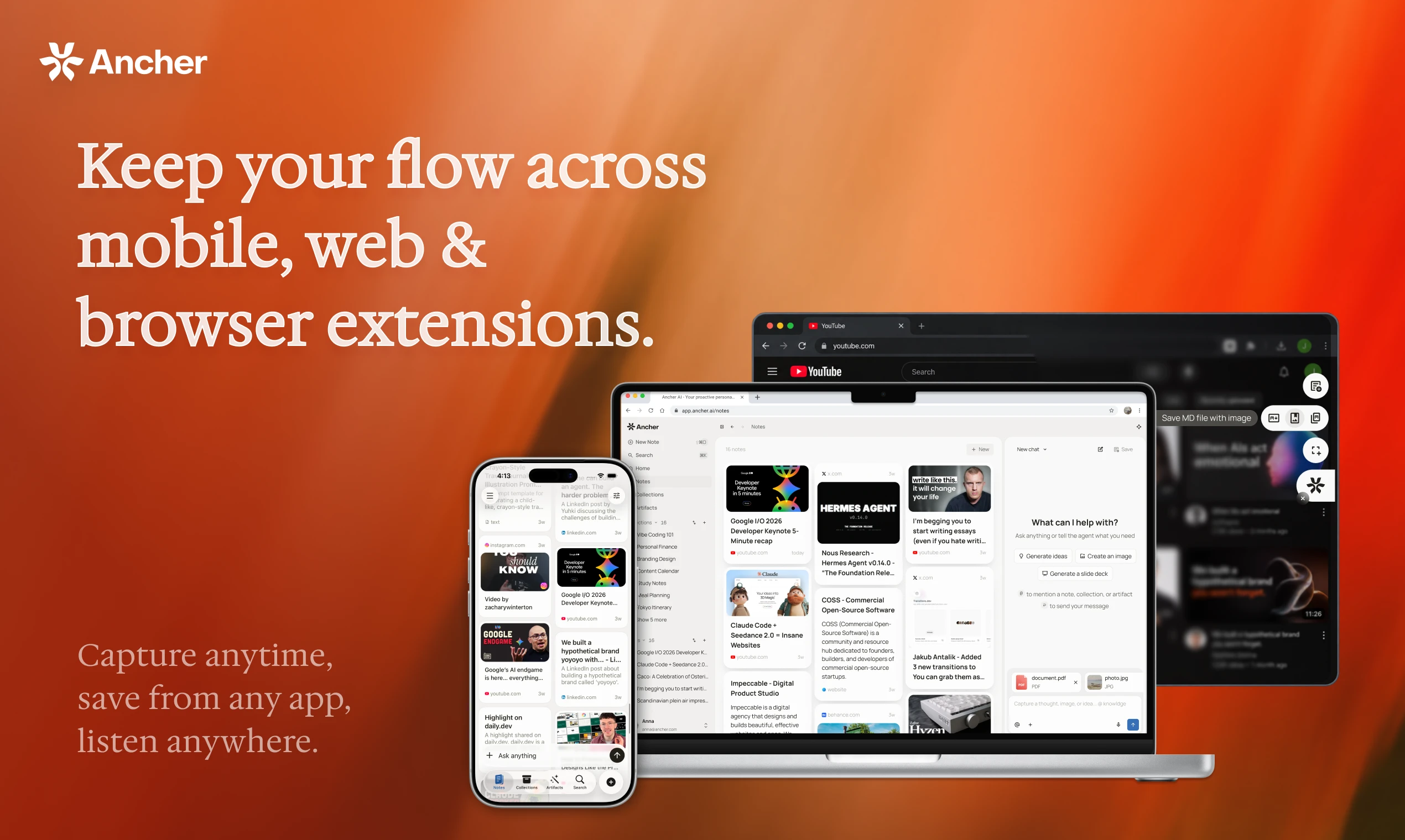 Save to Ancher across mobile, web, and browser extensions.