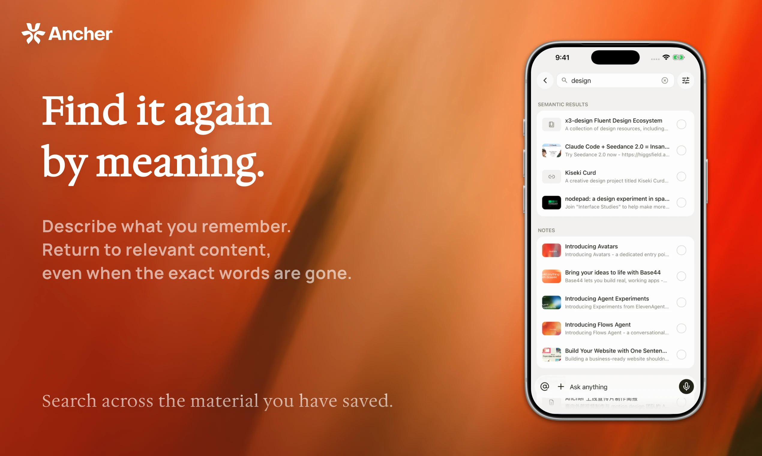 Find saved notes and relevant sources with semantic search in Ancher.
