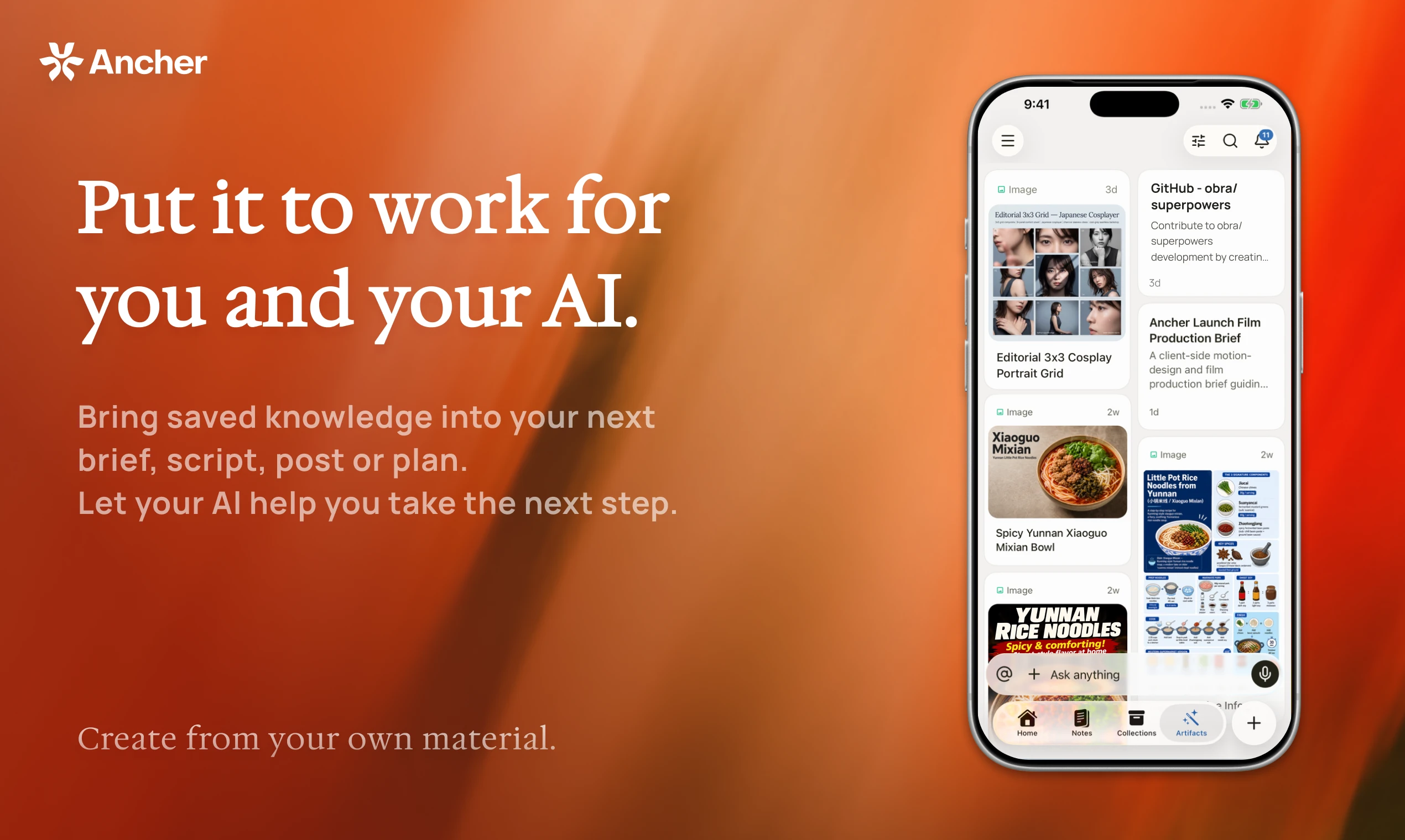 Create articles, images, and other work from your saved material in Ancher.